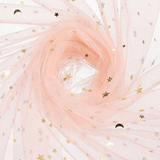 uxcell 60" x 8.7 Yard Tulle Fabric Star Moon Sequin Tulle Ribbon Rolls for Wedding Party Backdrop Stage Tutu Dress Bridal Veil DIY Sewing Crafts Decoration, Light Pink