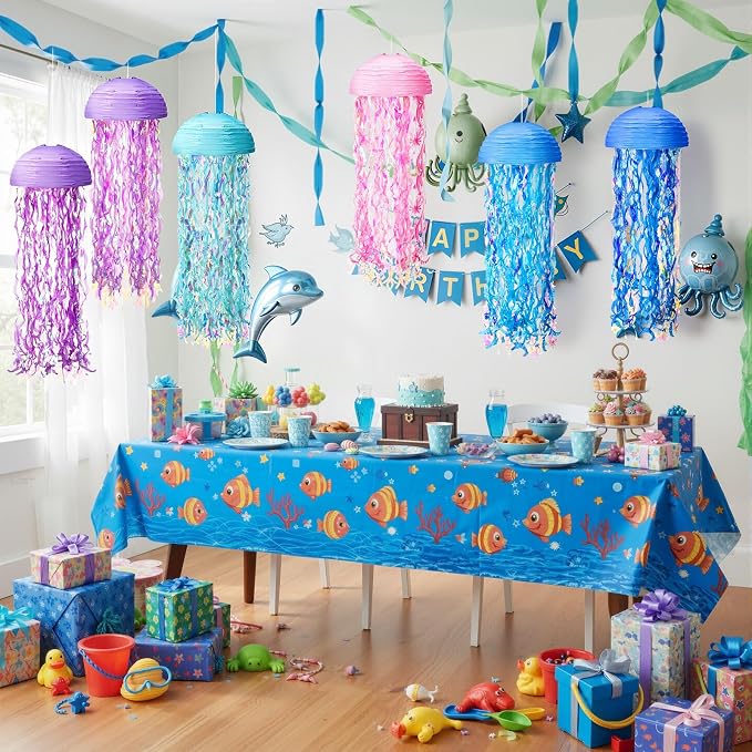 Baquler Set of 12 Jellyfish Paper Lanterns 10 Inch Semicircle Lanterns Hanging Decoration for Mermaid Sea Ocean Birthday Party Decorations(Pink, Blue, Sky Color, Royal Blue, Purple, Light Purple)