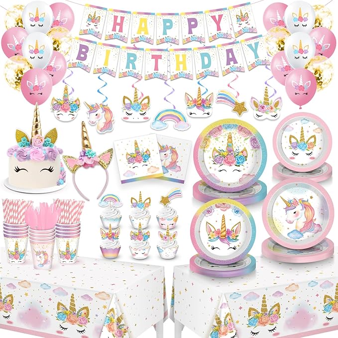 Unicorn Birthday Decorations, Unicorn Party Decorations, Rainbow Birthday Decor for Girls, Includes Plates, Cups, Napkins, Banner, Tablecloths, Balloons, Cupcake&Cake Topper serve 24 Guests
