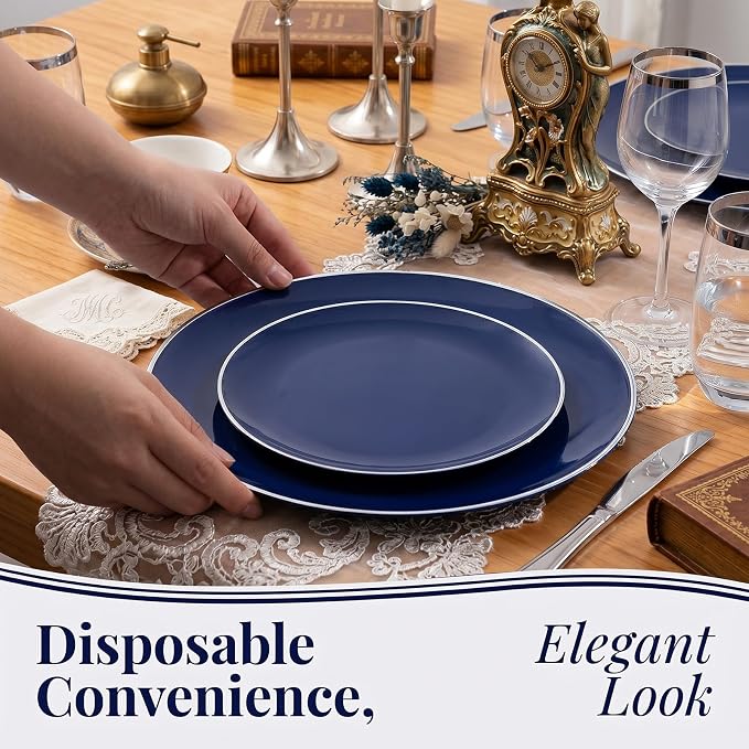 KIRE 175Pcs Blue Plastic Plates with Silver Rim & Disposable Silverware with Blue Handle & Silver-rim Cups & Hand Napkin & Plastic Dinnerware for Parties/Wedding/4th of July