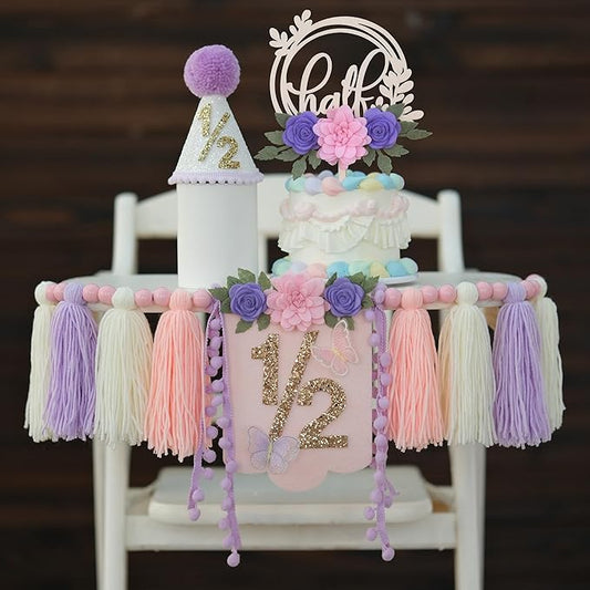 Half Birthday Decorations Purple Flower 1/2 Birthday Girl Half Way To One Baby Girl Decoration 6 Month Birthday Hat Cake Topper Pastel Chair Banner,Happy Half Year Party Photoshoot Props