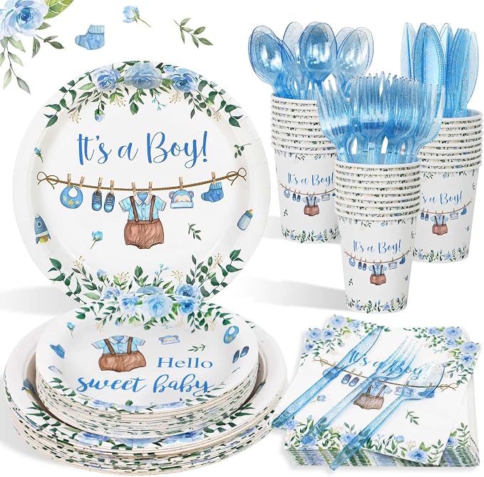 Boy Baby Shower Decorations Plates Set 25 Guests,175 Pcs Blue It's a Boy Baby Shower Decorations Paper Plates Napkins Cups Cutlery Sets