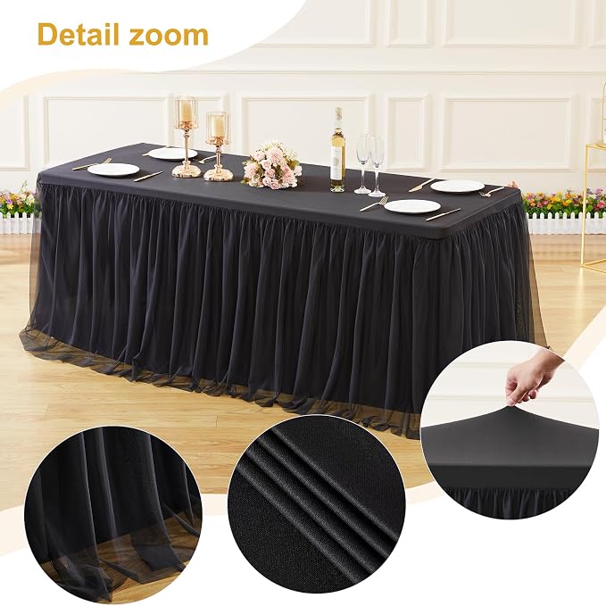 Black Tablecloth for 8 Foot Rectangle Tables, Ruffle Tulle Table Skirt for Rectangle Table 8ft Tables Cover Fitted Banquet Birthday Party Wedding Tablecloth Elastic Stretch