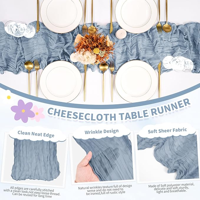 6 Pack Dusty Blue Table Runner, Cheesecloth Table Runner Long Romantic Semi Sheer Rustic Boho Gauze Table Runners for Wedding Bridal Shower Birthday Party Decorations(17.7×108 Inch)