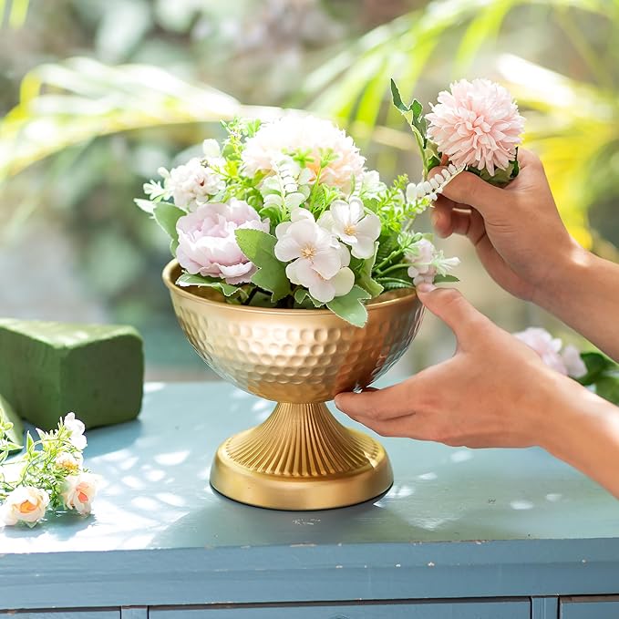 Sziqiqi Urn Vases for Wedding Centerpiece - 5.9in High Gold Metal Vase Set of 10 Small Vintage Flower Arrangement Pots for Table Centerpieces Elegant Hammered Compote Vase for Anniversary Party