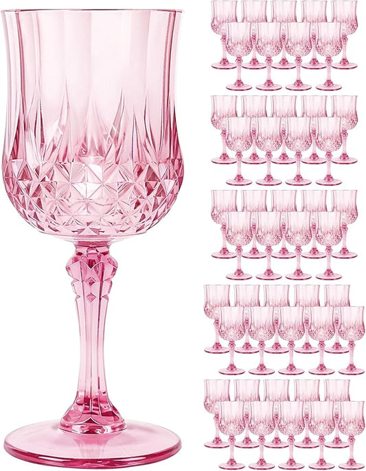 Plastic Wine Glasses Set, 7oz Vintage Goblets Shatterproof Unbreakable Reusable & Disposable, Drinking Glasses with Stem, for Wedding Outdoor Dinner Easter Party (48pcs, Pink)