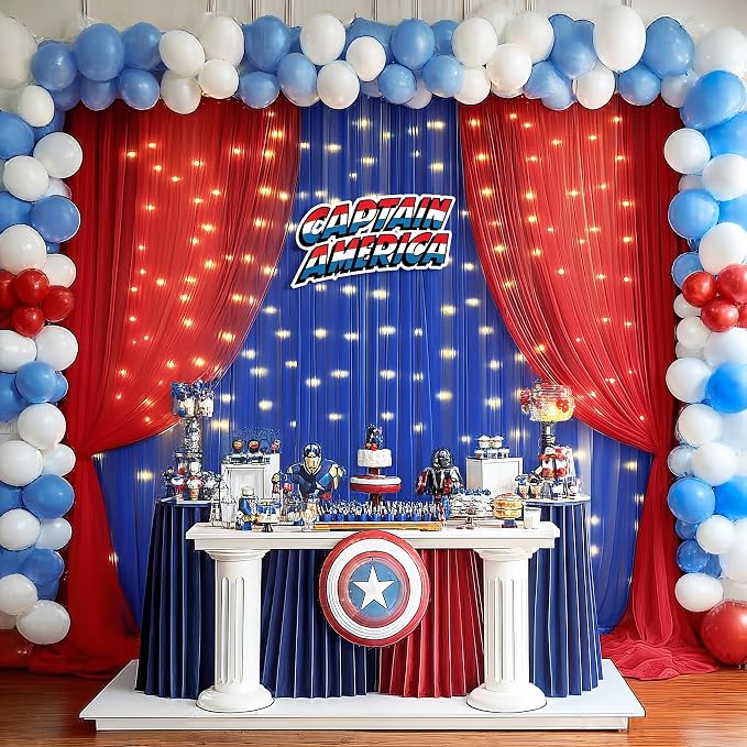 10x10ft Royal Blue Red Tulle Backdrop Curtain with Lights String for Parites, Sheer Photo Backdrop Curtains with lights for Wedding Backdrop Ceremony Reception Bridal Shower Baby Shower Birthday Party