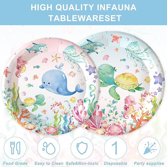 120PCS Under the Sea Party Supplies for Ocean Theme Baby Shower Birthday Party Underwater World Creatures Decorations Ocean Sea Animal Plate Cup Napkin Knives Forks for 20 Guests