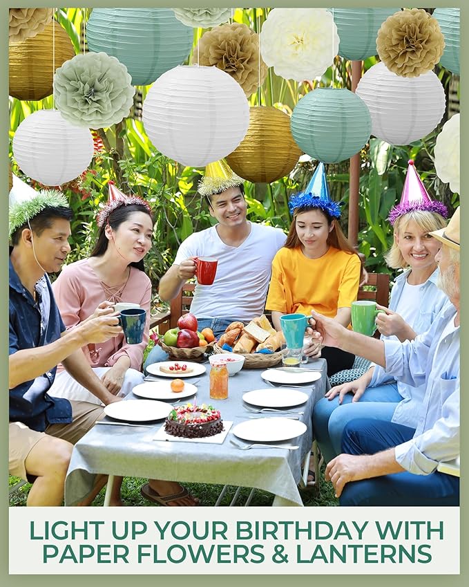 Glooglitter 52 Pcs Sage Gree Party Decorations Sage Gold Cream Tissue Paper Pom Poms Paper Lanterns for Boho Wild Baby Shower Birthday Wedding Engagement Classroom Party Decorations