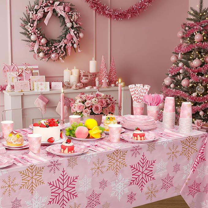 Funnymoom 452 Pcs Pink Snowflake Party Decoration for 50, Pink Gold Winter Snowflake Paper Plates Napkins Cups Tablecloth Cutlery Straws for Winter Baby Shower Wonderland Birthday Supplies