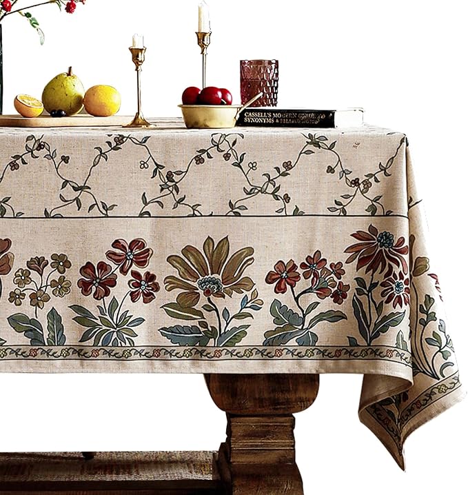patdrea Vintage French Linen Tablecloth,Rectangular,87"x63"-Oliveirad | Heavyweight Elegant Table Cloth for Rectangle Table,Dark Floral & Vine Printfor Dining Room Tea Party Thanksgiving