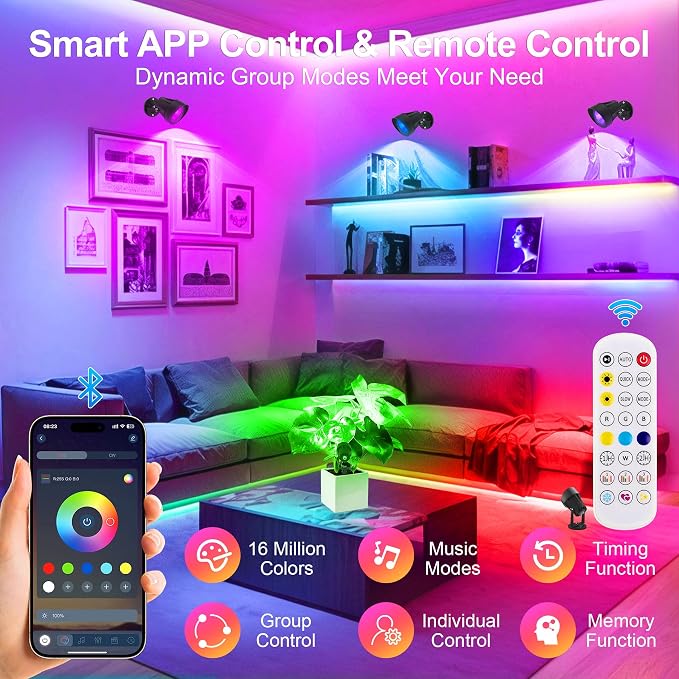 T-SUN Smart RGBW Spotlights, Indoor Uplights, Spotlights with App & Remote, Music Sync, 16M Colors, Timer, Dimmable, Waterproof Floor Spotlight for Plants Home Party Stage Decor, Set of 4