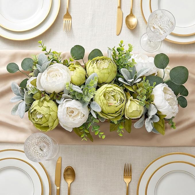 Summer Flower Centerpieces for Table Dining Room Pre-Made Artificial Peony Table Decorations Wood Tray with Fake Flowers for Wedding Living Room Party Bar Kitchen Table(Green White)