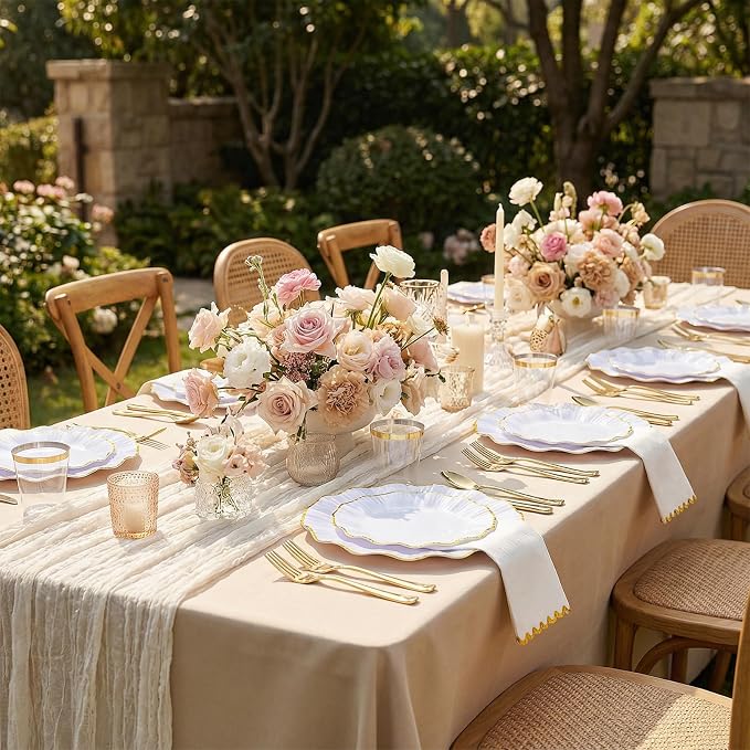 I00000 350 PCS White and Gold Plastic Plates for 50 Guests, Premium Scalloped Disposable Dinnerware Set Include: 100 Disposable Plate, 50 Napkins, 50 Cups, 50 Silverware Set for Party & Wedding