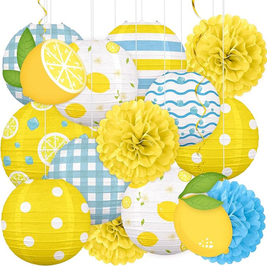 Renbuzhu 15PCS Summer Lemon Party Decorations Paper Lanterns Pom Poms Hanging Swirls Yellow Blue Theme Lemonade Stand Italian Decor for Birthday Home Backyard Indoor Outdoor