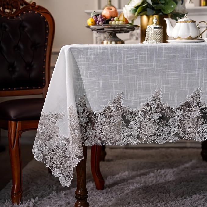 ARTABEL Cut Work Table Cloths with Lace Laser Die-Cut Exquisite Vintage Shabby Chic for Holiday Wedding Long Dinner Tables (Offwhite-1, 52 x 70 Inch)