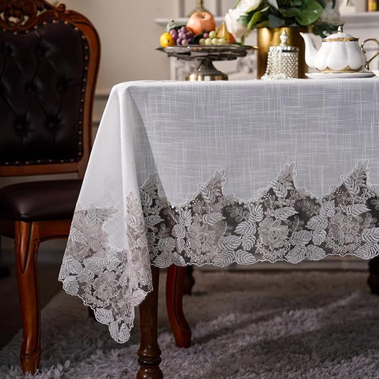 ARTABEL Cut Work Table Cloths with Lace Laser Die-Cut Exquisite Vintage Shabby Chic for Holiday Wedding Long Dinner Tables (Offwhite-1, 52 x 70 Inch)