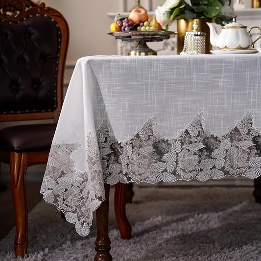 ARTABLE Lace Table Cloths Rectangle Fall Antique Flower Decor Macrame Tablecloth for Outdoor Farmhouse Rustic Kitchen Party Birthday Picnic (White-3, 52 x 70 Inch)