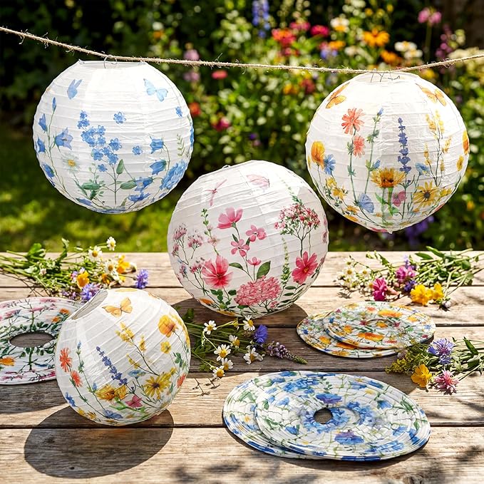 Baquler 12 Pcs Spring Wildflower Paper Lanterns Party Decorations Watercolor Floral Hanging Lantern 3 Styles for Baby in Bloom Baby Shower Wedding Garden Tea Summer Home Indoor Outdoor Party Decor