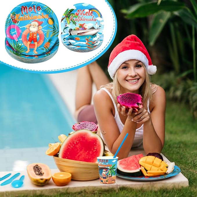 Weewooday 400 Pcs Christmas Tableware Disposable Set Mele Kalikimaka Decorations July Summer Christmas Paper Plates Cups Napkin Plastic Knife Spoon Fork Straw for Kalikimaka Hawaiian Party Supplies