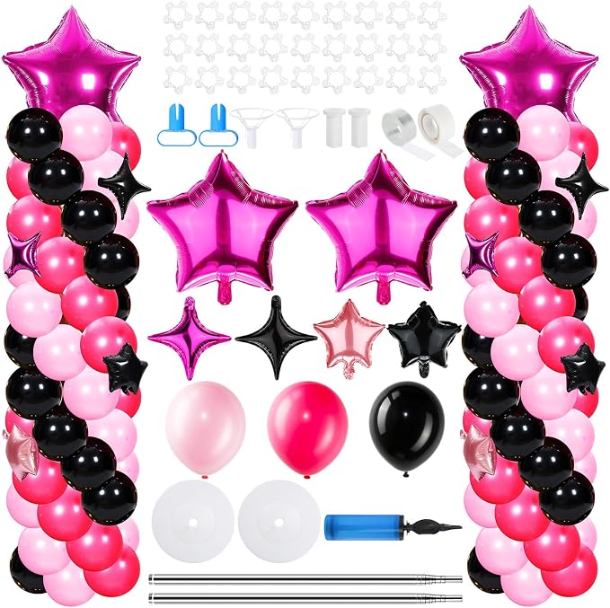 Gejoy 110 Pcs Pink Rose Red Black Balloons Column Stand Kit Adjustable Tower Stand from 1.4 to 6.6 ft with Bases for Back to School Wedding Birthday Baby Shower Party