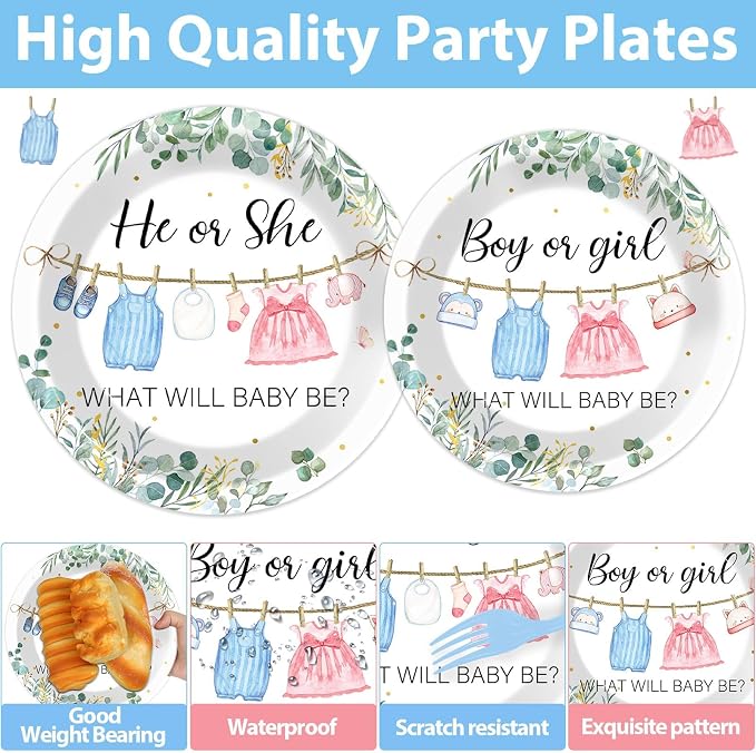 96Pcs Greenery Gender Reveal Party Decorations for Boy or Girl Baby Shower Plates Napkins Tableware Gender Reveal Disposable Baby Clothes Theme Plates He or She Paper Party Supplies for 24 Guests