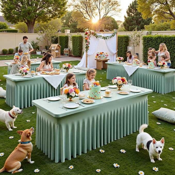 NSSONBEN 2 pk Sage Green Spandex Tablecloth for 8 Foot Rectangle Tables,Wrinkle Free Fitted Spandex Table Covers 8ft Stretch Table Cloths with Ruffle Skirt for Parties Weddings Banquet Baby Shower