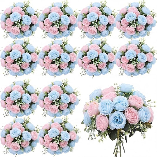 Geosar 24 Bundles Artificial Peonies Flowers Fake Silk Peony Bouquet Faux Peonies Flower Bulk for Decoration Vase Floral Arrangements Wedding Party Table (Light Pink,Light Blue)