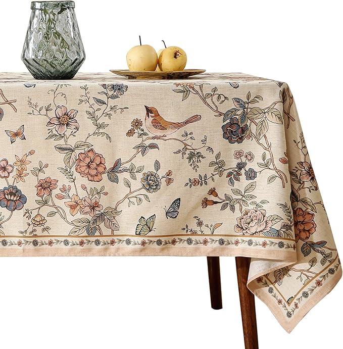 ISAENNE Designer French Linen Rectangular Tablecloth,71"x55"-Cornucopia | Vintage Elegant Table Cloth for Rectangle Table,Floral and Bird Pattern for Dining Kitchen Tea Party Thanksgiving,Decor