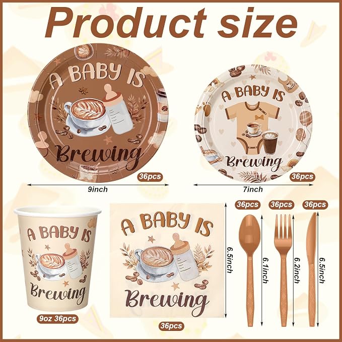 Yungyan 252 Pcs A Baby Is Brewing Baby Shower Party Tableware Set Included Plates Napkins Cups Forks Knives Cutlery for Party Decorations Supplies 36 Guests