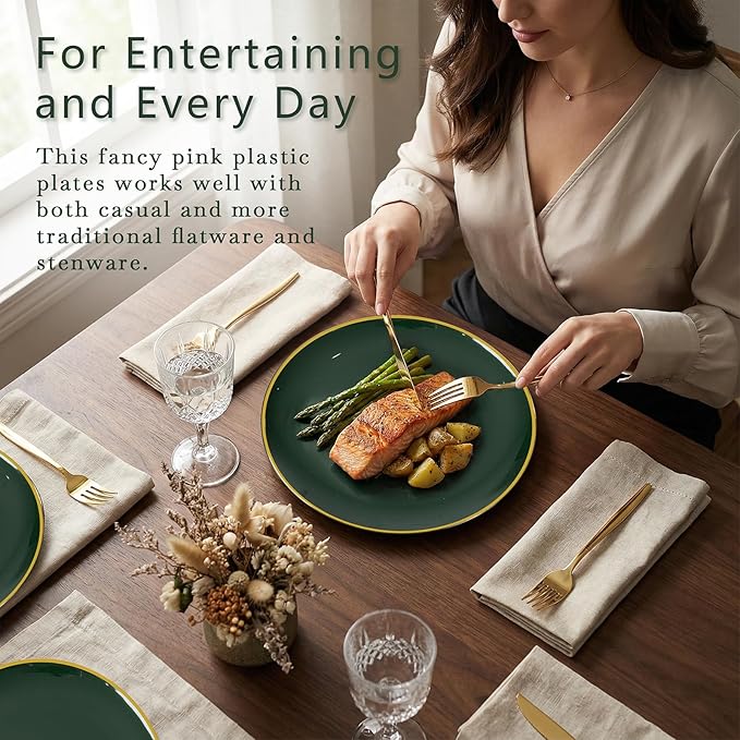 KIRE 175PCS Green Plastic Plates with Gold Rim - Heavy Duty Green Plates Disposable Include 50 Fancy Plastic Plate, 25Pre Rolled Napkins 25 Cups For Party/Wedding/Spring