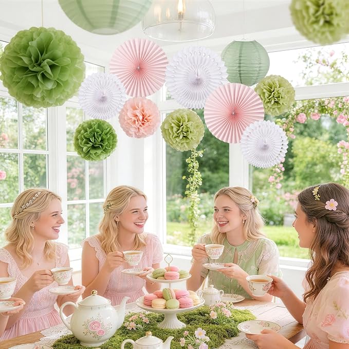 EASY JOY Sage Green and Pink Party Decorations Green Birthday Decorations Sage Tissue Pom Poms Paper Lanterns White Paper Fans (11pcs) for Women Girls Birthday Wedding Bridal Shower Baby Shower