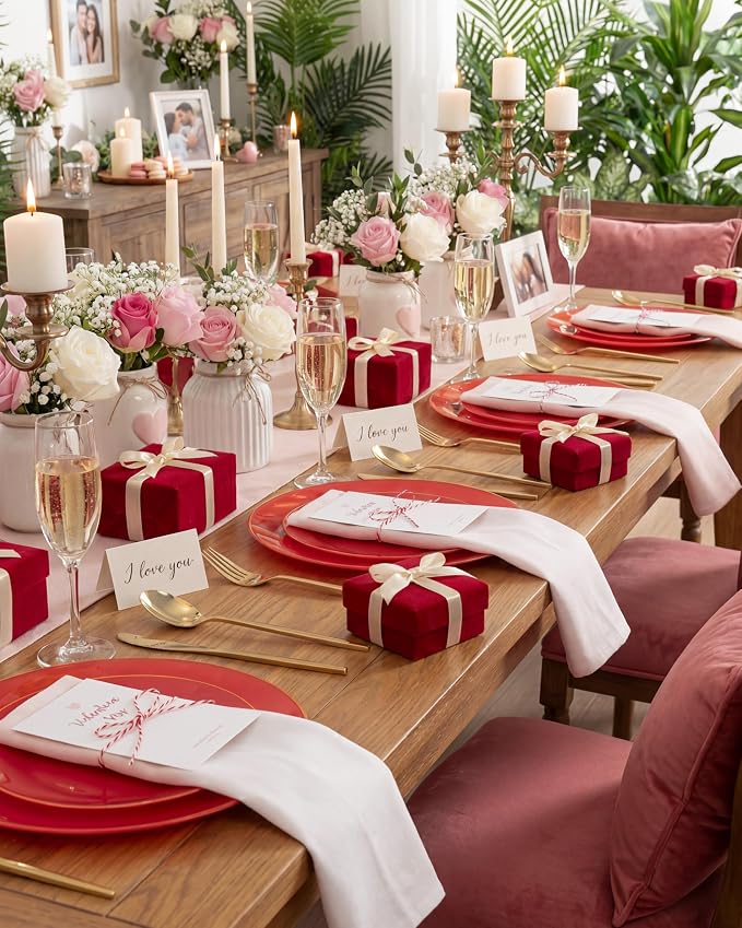 PULOTE 100PCS Red Plastic Plates Disposable Heavy Duty - Include 50 Dinner / 50 Dessert Plates for Party & Christmas