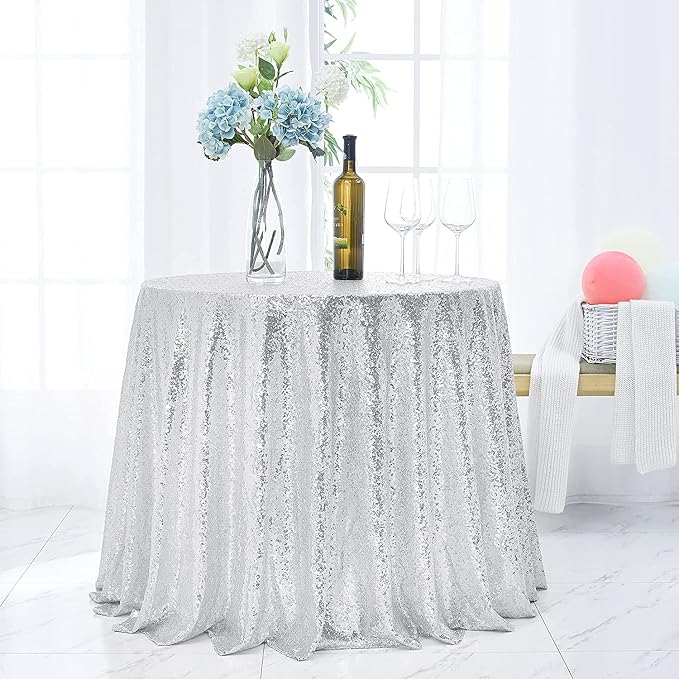 132 Inch Round Silver Sequin Tablecloth, Metallic Large Glitter Sparkle Table Cloth for Dining Banquet Table, Sequin Table Linen for Wedding Bridal Shower Party Decorations