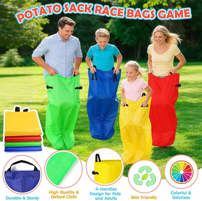 77 Pcs Potato Sack Race Bags, 8-in-1 Outdoor Carnival Games for Kids and Adults, Bean Bags Ring Toss, Tug of War Rope, Megaphone, Field Day Games for Lawn, Backyard, School, Birthday, Family, Beach