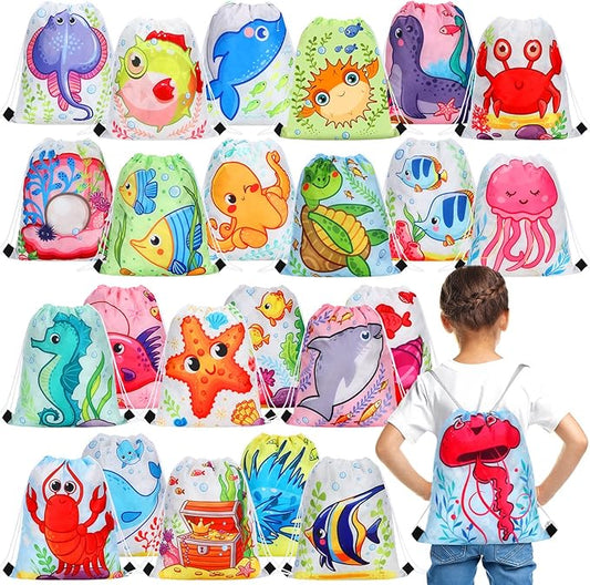 Marsui 24 Pcs Marine Animal Party Favor Drawstring Bags Gift Goodie Candy Favors Bags for Birthday Party Supplies