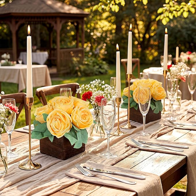 Dining Table Centerpiece Set of 6 - Pre-Made Aritifial Rose with Wooden Vase Fake Floral Arrangment Faux Flower for Wedding Bridal Tea Party Event Decorations - Dark Yellow