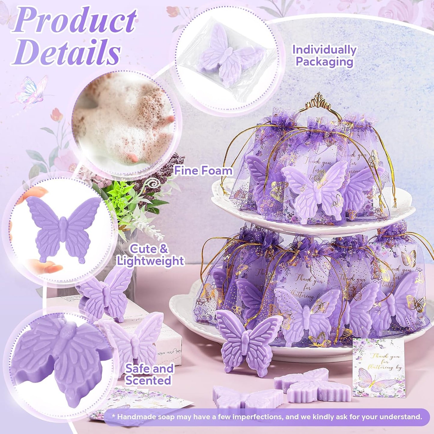 Dunzy 100 Sets Butterfly Theme Baby Shower Favors for Guests Butterfly Soap with Thanks You Cards Gift Bags Gender Reveal Baptism Party Decorations Wedding Bridal Party Favor (Purple,Light Purple)