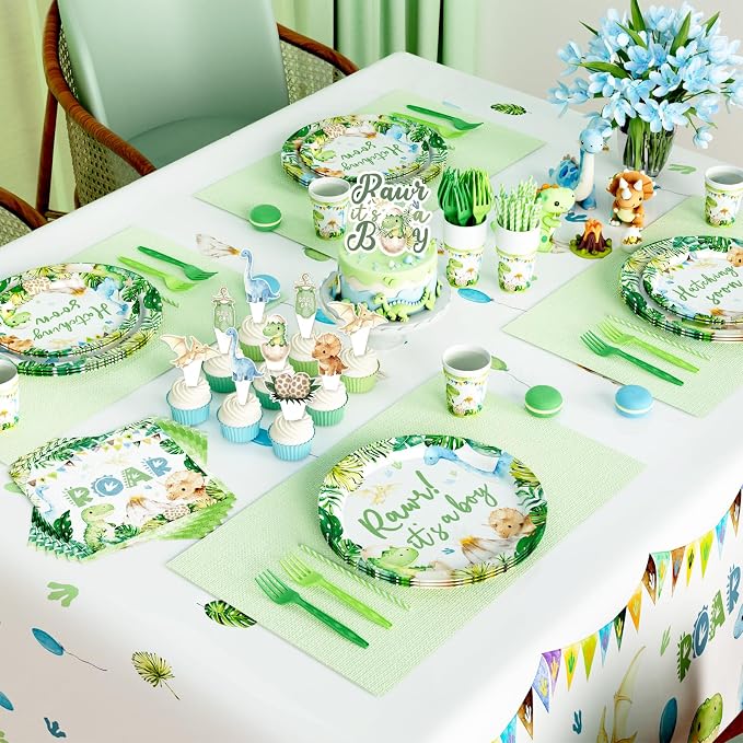 Hombae Dinosaur Baby Shower Decorations Boy, Hatching Soon Baby Shower Party Supplies with Rawr It's a Boy Tableware, Plates, Napkins, Hanging Swirls for Boys Dino Theme Party, Serves 24
