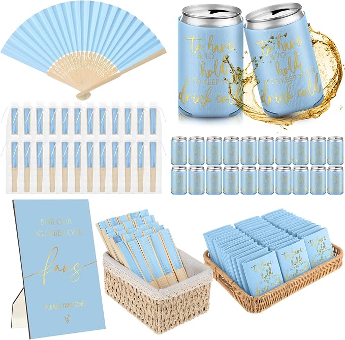 Hoteam 25 Sets Wedding Party Favors for Guests Bulk Including Can Cooler and Paper Folding Fans with Wedding Decor Table Sign Cheers to Love for Bridal Shower Party Souvenir(Classical,Blue)