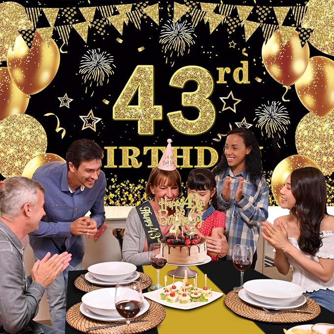 43rd Birthday Decorations Men Women with 43rd Birthday Banner, Black and Gold Table Cloth, Number Balloons, Large Sash, Cake Topper and Candles