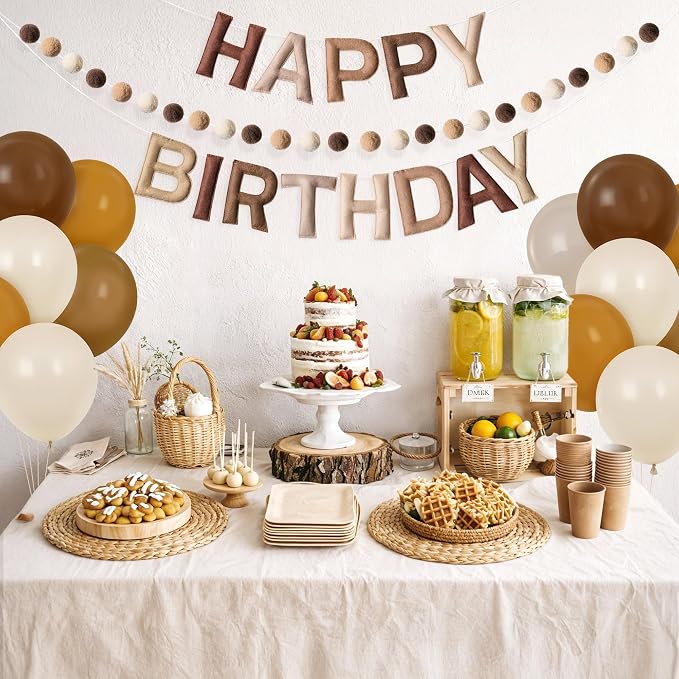 Kriyokiaa Pre-Strung Felt Happy Birthday Banner Retro Brown Happy Birthday Party Decorations with Party Hats for Stuffed Animals, Pom Pom Garland and Balloons for Women Men Boys Girls Party Decor