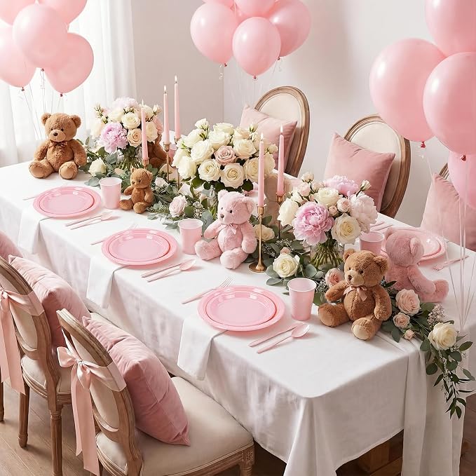 MirthMood 350pcs Pink Plates Disposable Including Pink Plastic Plates, 12OZ Cups, Plastic Cutlery and Napkins Serve 50 Guests for Spring Wedding,Birthday Party Dinner,Daily Use