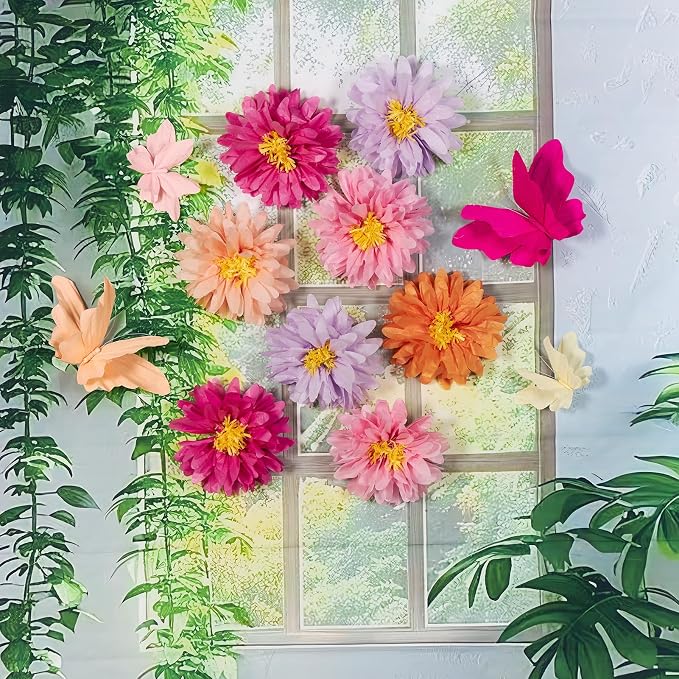 SUNBEAUTY 12 PCS Giant Paper Flowers Large Butterfly Party Decorations Pink Orange Large Tissue Paper Flower for Wall Hanging Butterflies for Birthday Spring Garden Wedding Backdrop Bridal Shower