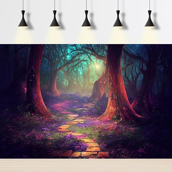 Fantasy Forest Backdrop Misty Foggy Jungle Rainforest Landscape Photography Background Sunset Sunrise Magical Deep Forest Backdrop Decors Hiking Outdoor Birthday Party Cake Table Background 5x3ft
