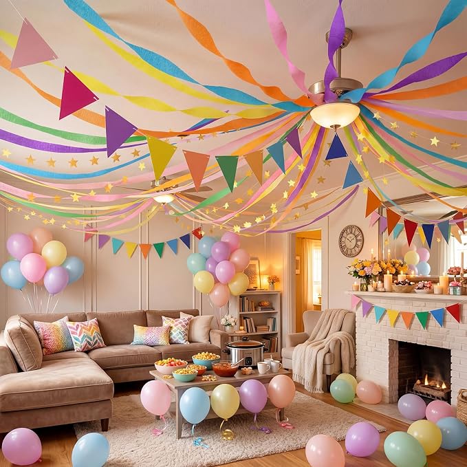 Frienda 14 Pcs Rainbow Party Decorations Set 492 ft Colorful Crepe Paper Streamers, 52.8ft Gold Star Garlands Backdrop and 4 Pennant Banner Flags for Wedding Birthday Fancy Party Hanging Decorations