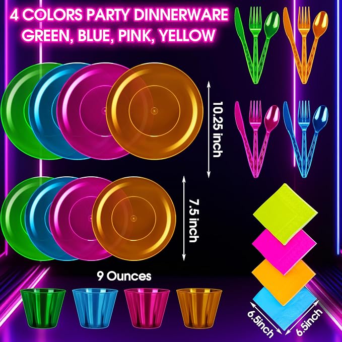 Kochorie 168 PCS Neon Party Supplies Serves 24 Including 7.5 & 10.25 In Disposable Plastic Neon Plates 9 Oz Cups Cutlery Napkins Tableware Set Dessert Cake Plates for Blacklight Party Birthday