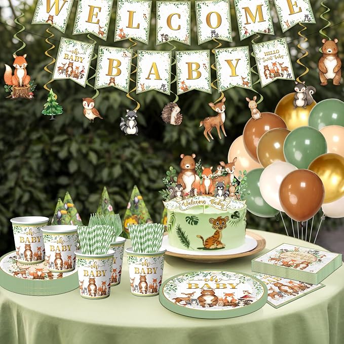 Woodland Baby Shower Decorations,196pcs Woodland Baby Shower Plates and Napkins Cups Sage Forest Animals baby Shower Tablecloth Cake Toppers Balloons for Boy Babys Shower Decorations