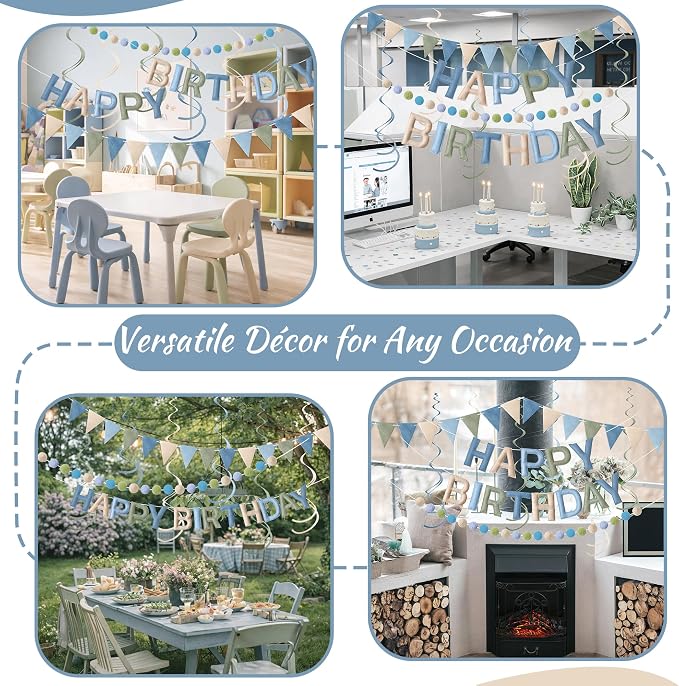 Kriyokiaa Pre-Strung Felt Happy Birthday Banner Dusty Blue Sage Green Happy Birthday Party Decorations with Pom Pom Garland, Flag and Hanging Swrils for Men Boys Party Decor