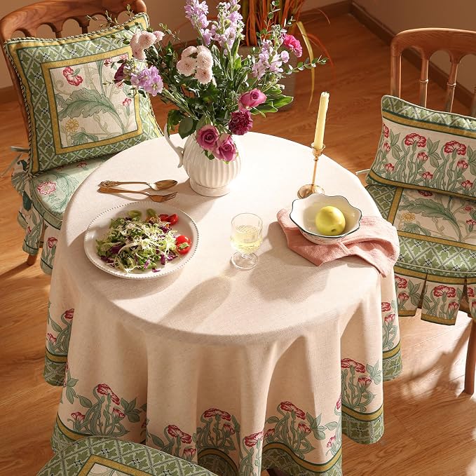 patdrea Vintage French Linen Tablecloth,Round,Diameter 55"-Cecilia D | Colorful Elegant Table Cloth for Round Table,Floral Vine Patterned,Dining Room Tea Party Thanksgiving Decor
